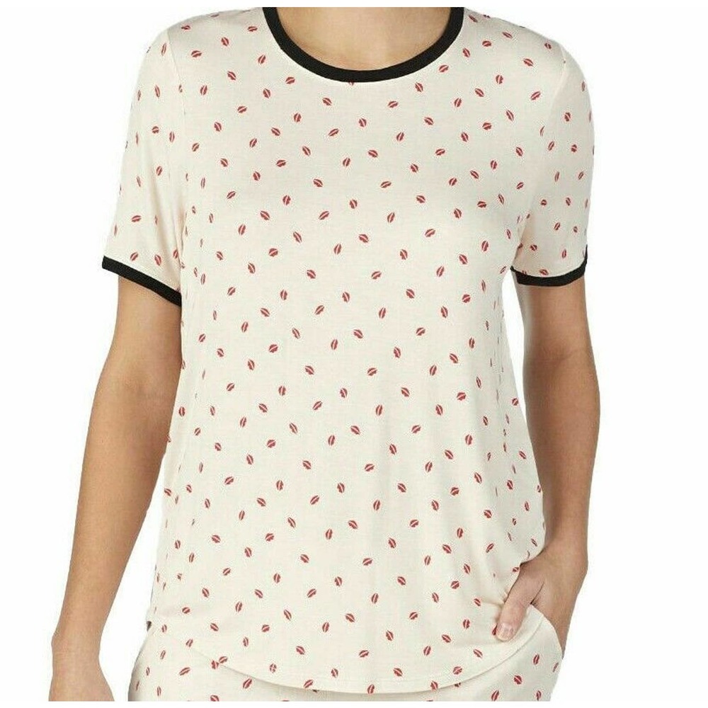 DKNY Short Sleeve Lips Print Pajama Top sz L Large Pink Red Kisses Love Shirt
